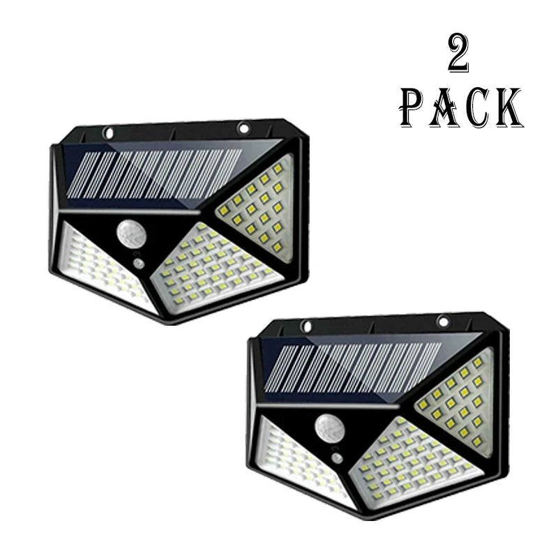 Luces LED Solares de Pared con Sensor de Movimiento para Exterior, 100 LEDs, Impermeables, Lámpara de Seguridad con Carga Solar para Jardín e Iluminación del Hogar.