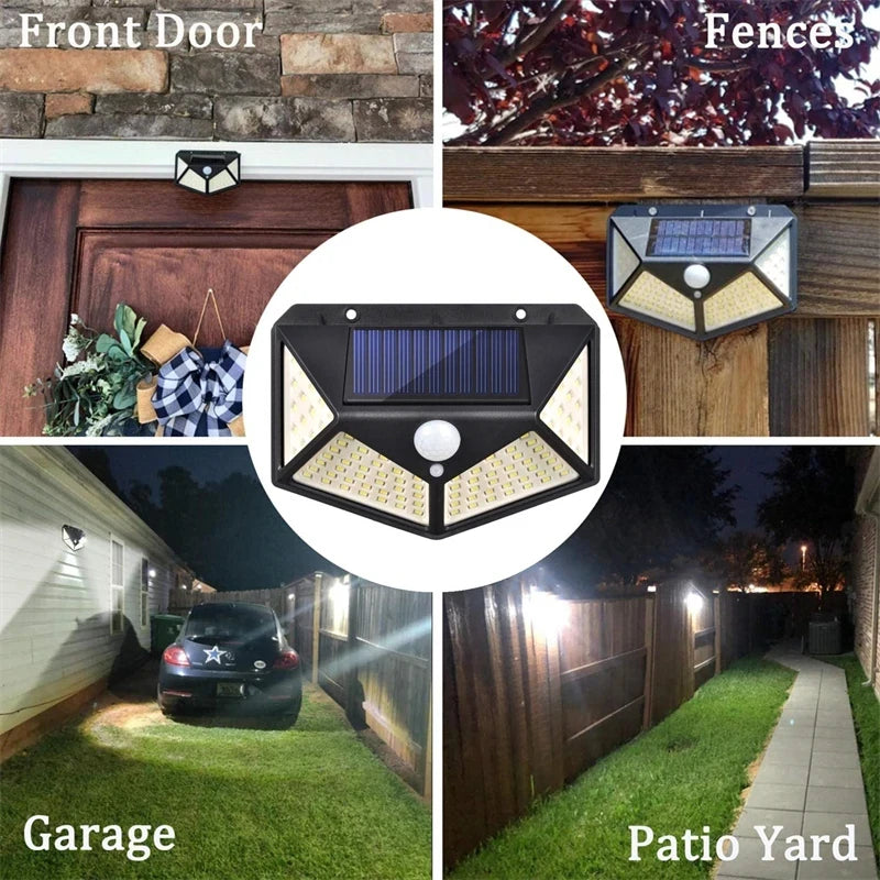 Luces LED Solares de Pared con Sensor de Movimiento para Exterior, 100 LEDs, Impermeables, Lámpara de Seguridad con Carga Solar para Jardín e Iluminación del Hogar.