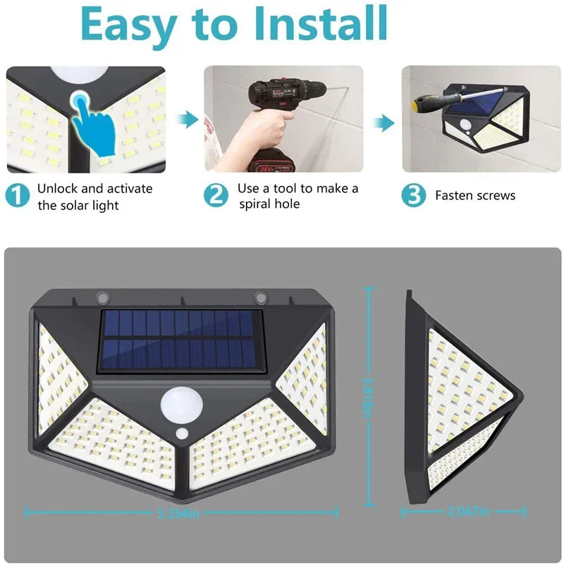 Luces LED Solares de Pared con Sensor de Movimiento para Exterior, 100 LEDs, Impermeables, Lámpara de Seguridad con Carga Solar para Jardín e Iluminación del Hogar.