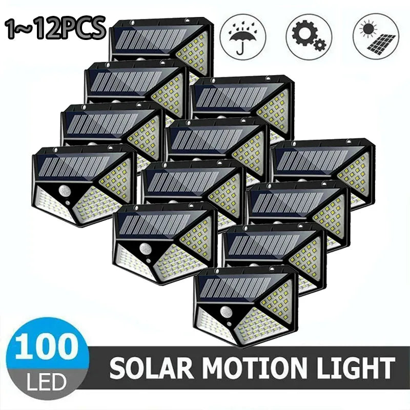 Luces LED Solares de Pared con Sensor de Movimiento para Exterior, 100 LEDs, Impermeables, Lámpara de Seguridad con Carga Solar para Jardín e Iluminación del Hogar.