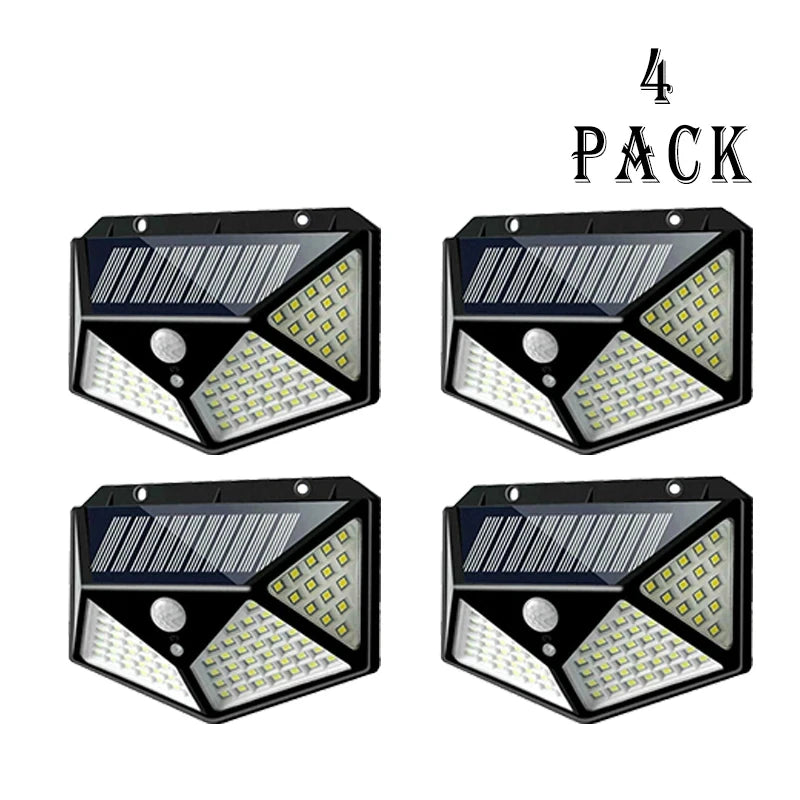 Luces LED Solares de Pared con Sensor de Movimiento para Exterior, 100 LEDs, Impermeables, Lámpara de Seguridad con Carga Solar para Jardín e Iluminación del Hogar.