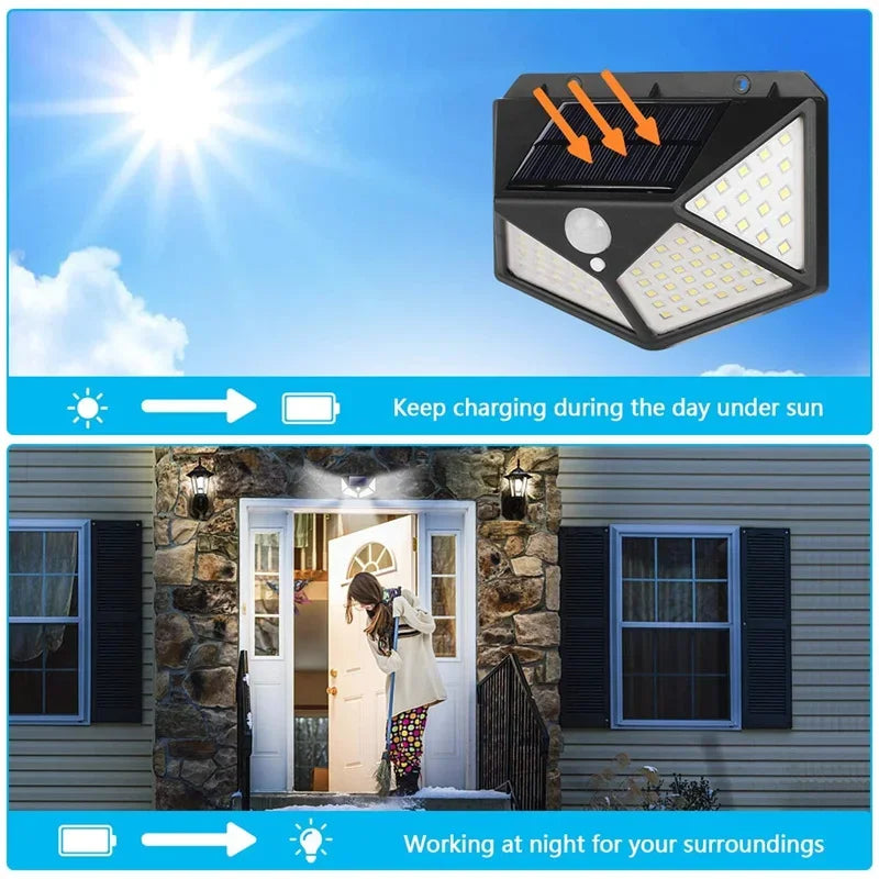 Luces LED Solares de Pared con Sensor de Movimiento para Exterior, 100 LEDs, Impermeables, Lámpara de Seguridad con Carga Solar para Jardín e Iluminación del Hogar.