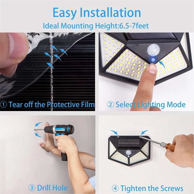 Luces LED Solares de Pared con Sensor de Movimiento para Exterior, 100 LEDs, Impermeables, Lámpara de Seguridad con Carga Solar para Jardín e Iluminación del Hogar.