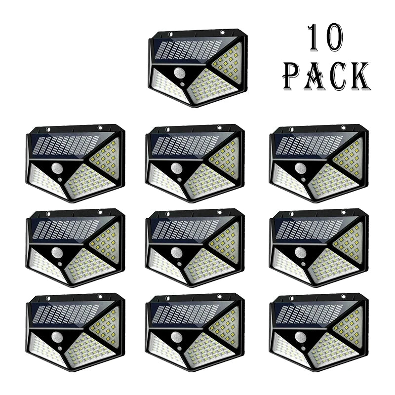 Luces LED Solares de Pared con Sensor de Movimiento para Exterior, 100 LEDs, Impermeables, Lámpara de Seguridad con Carga Solar para Jardín e Iluminación del Hogar.