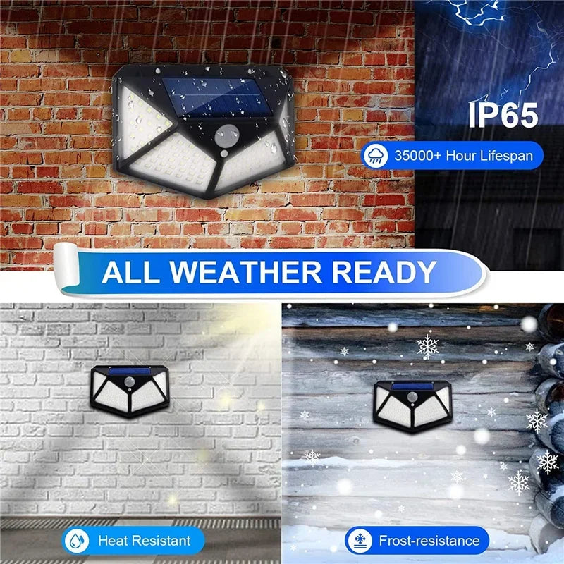 Luces LED Solares de Pared con Sensor de Movimiento para Exterior, 100 LEDs, Impermeables, Lámpara de Seguridad con Carga Solar para Jardín e Iluminación del Hogar.
