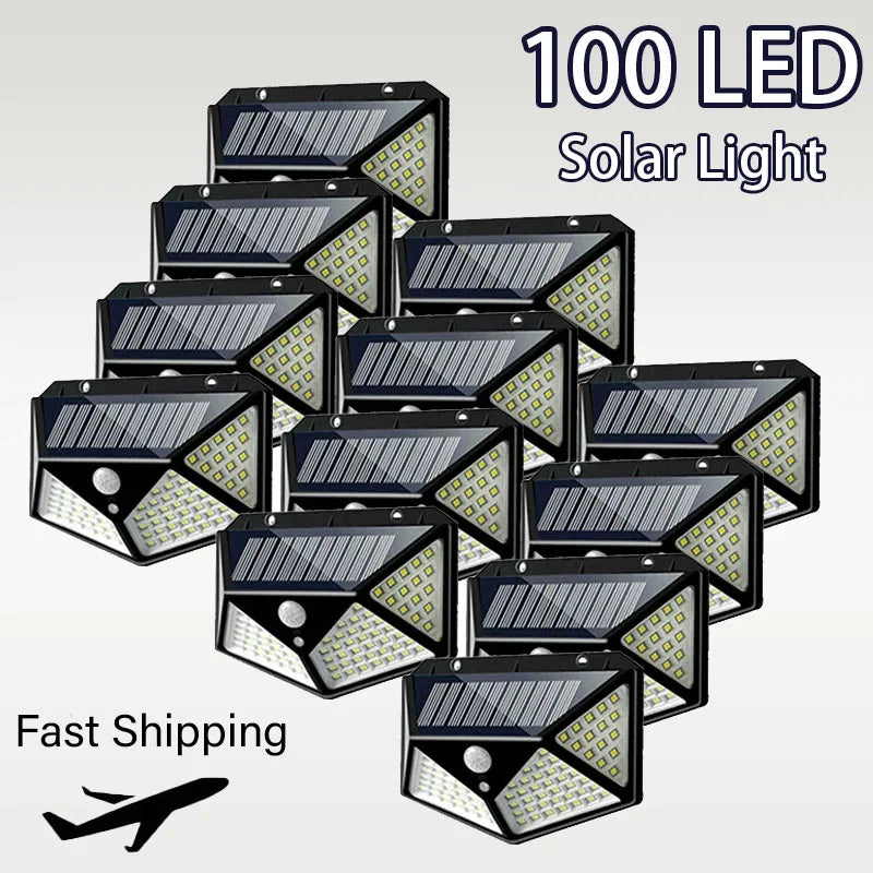 Luces LED Solares de Pared con Sensor de Movimiento para Exterior, 100 LEDs, Impermeables, Lámpara de Seguridad con Carga Solar para Jardín e Iluminación del Hogar.