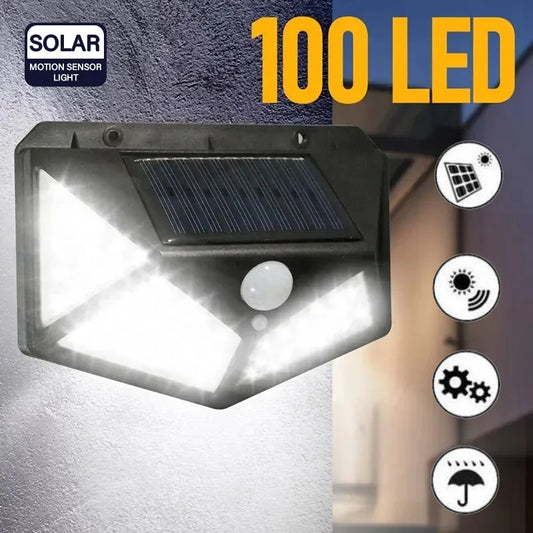 Luces LED Solares de Pared con Sensor de Movimiento para Exterior, 100 LEDs, Impermeables, Lámpara de Seguridad con Carga Solar para Jardín e Iluminación del Hogar.
