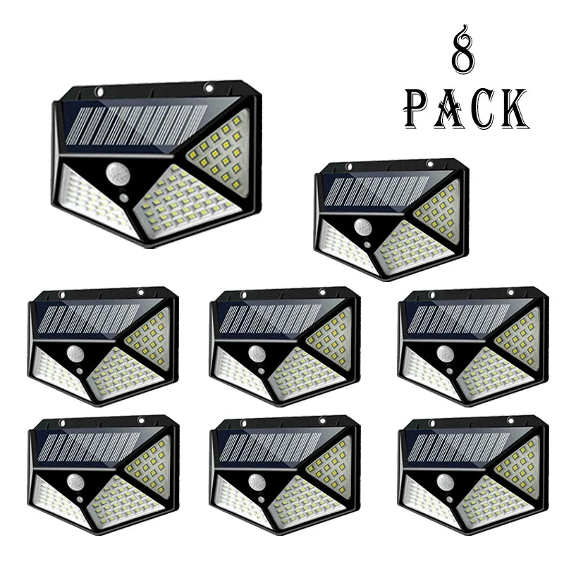 Luces LED Solares de Pared con Sensor de Movimiento para Exterior, 100 LEDs, Impermeables, Lámpara de Seguridad con Carga Solar para Jardín e Iluminación del Hogar.