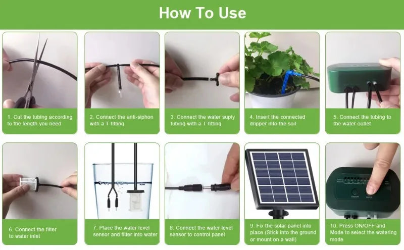 Kit de riego solar inteligente de 6 V y 2 W con batería integrada de 1800 mAh para riego de plantas en maceta. Dispositivo de riego programable para bricolaje.
