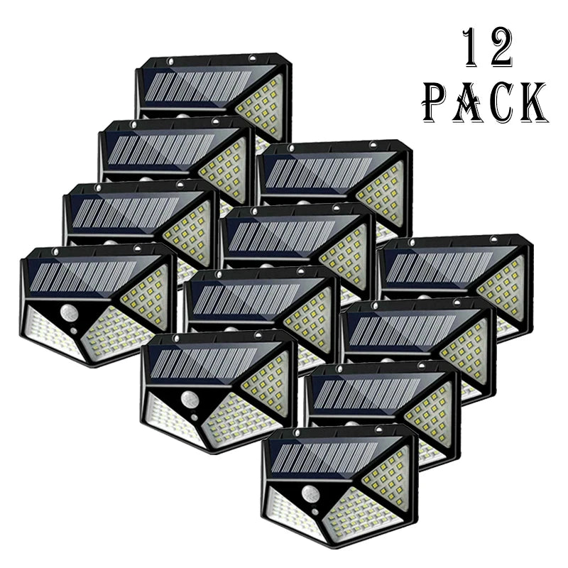 Luces LED Solares de Pared con Sensor de Movimiento para Exterior, 100 LEDs, Impermeables, Lámpara de Seguridad con Carga Solar para Jardín e Iluminación del Hogar.