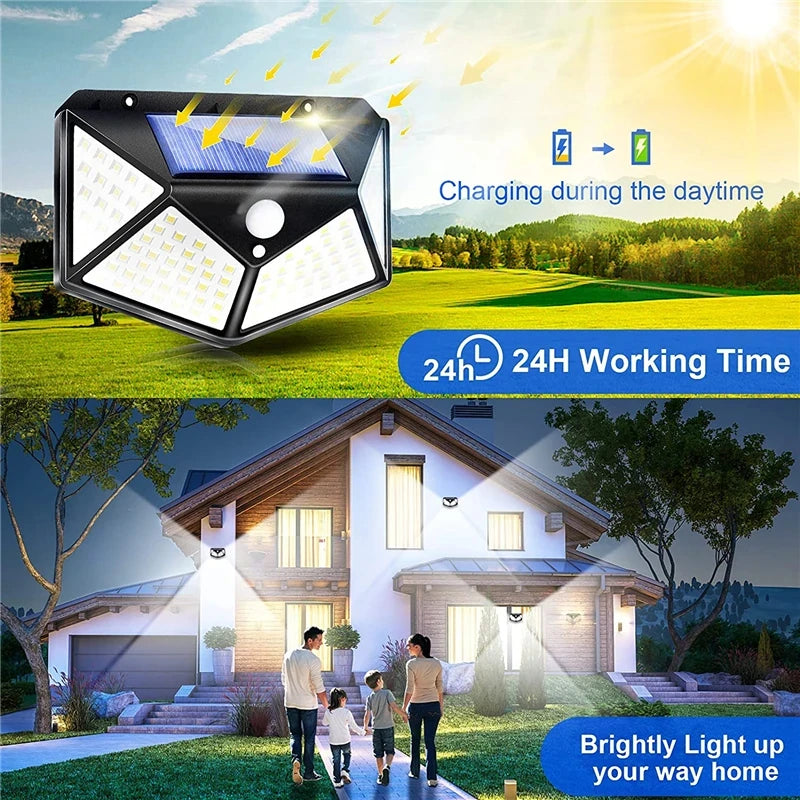 Luces LED Solares de Pared con Sensor de Movimiento para Exterior, 100 LEDs, Impermeables, Lámpara de Seguridad con Carga Solar para Jardín e Iluminación del Hogar.